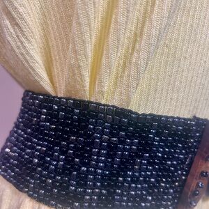 Black Gray Beaded Stretch Belt Wood Hook Buckle Wide 32”